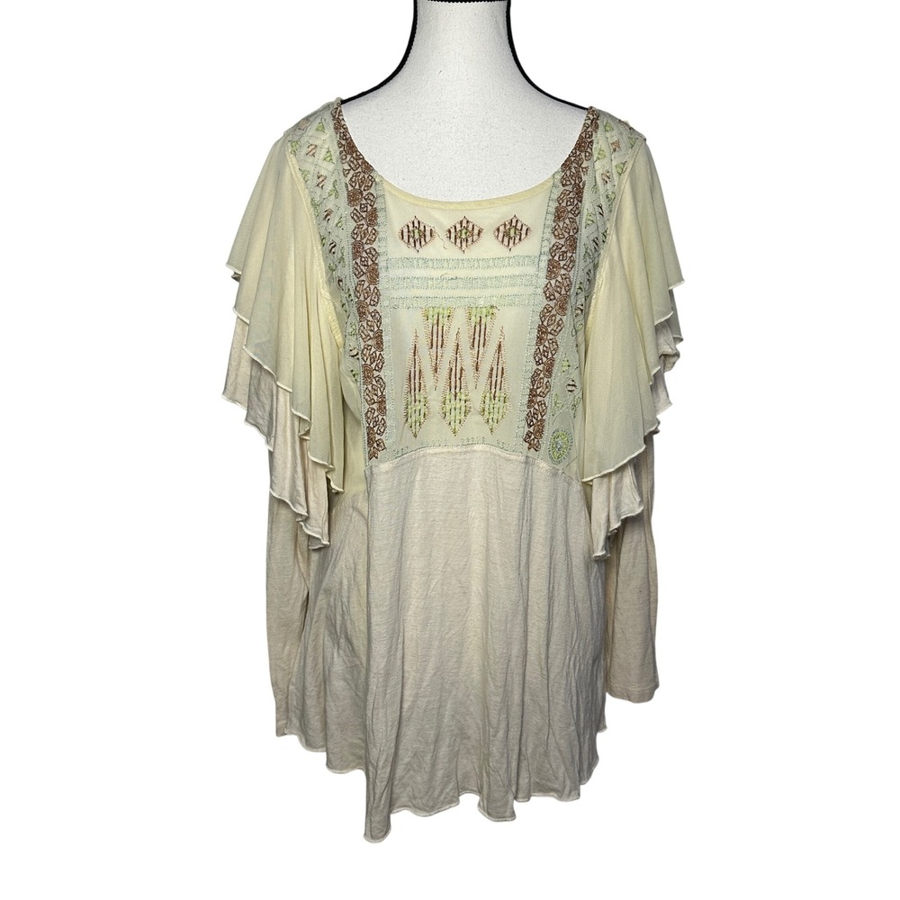 Free People Embroidered Long Sleeve Tunic Top Womens L Boho Cottage Fairy Mesh
